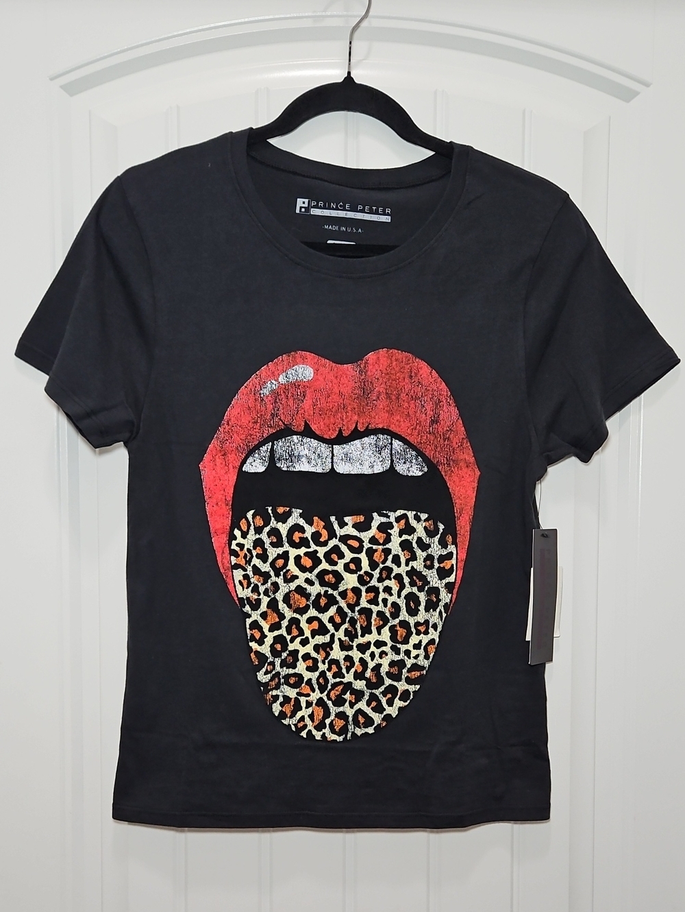 Prince Peter Collection Black Graphic Print Tee Kiss Lips Leopard Tongue New